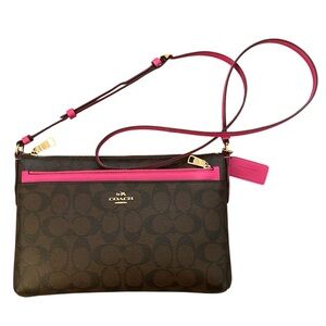 Coach Crossbody East/West Handbag Pink Pop Up Pouch Dark Brown Purse Logo Print